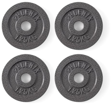 Phoenix Fitness Cast Iron Weight Plates - 1-Inch Free Weight Plate for Barbell Dumbbell Bars, Weightlifting & Strength Training at Home Gym - Set of 4, 1.25kg