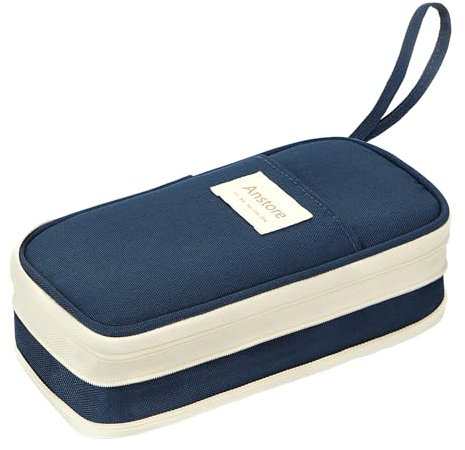 Anstore Mäppchen Blau mit Fächer, 23x11x7,5cm Federmäppchen Erwachsene Reißverschluss, Schlamppermäppchen Pencil Case mit Tragegriff, Groß Kapazität Federtaschen für Schule