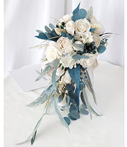 Nvzi 22,9 cm cremeweißer kaskadierender Brautstrauß, Wasserfall-Hochzeitsblume, Rosen-Hortensien-Brautstrauß mit Eukalyptus für Tafelaufsatz, Party und Hochzeitszeremonie, Jahrestag (Brautstrauß)