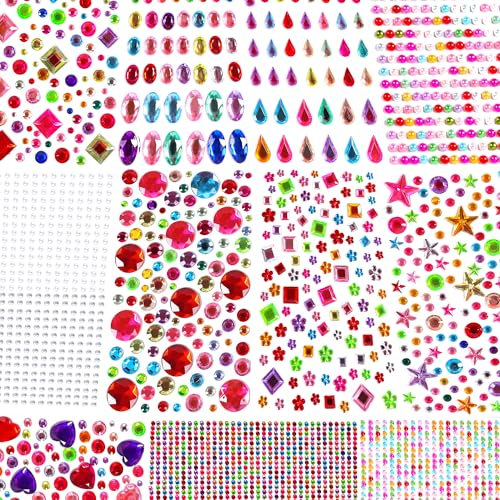 LEUOSO Self-Adhesive Gem Stickers, 3900pcs Rhinestone Stickers Self Adhesive Acrylic Gems Stickers with Tweezer for DIY Nail Crafts Jewel Clothes