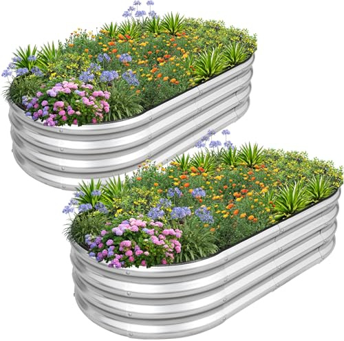 1MORE Verzinktes Hochbeet - Pflanzkübel für den Außenbereich, Hochbeete für Gartenarbeit, 1,2 x 0,6 x 0,3 m, Metall-Gartenbeet für Gemüse, Blumen, Pflanzgefäß Hochbeete mit Werkzeug, Silber, 2 Stück