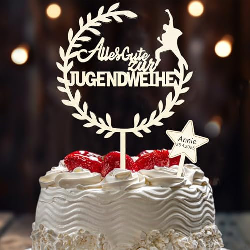 Cake Topper Jugendweihe Deko Holz, Eukalyptus Tortenaufleger und Stern Tortendeko - Originelle Kuchendekoration zur Jugendweihe Mädchen Junge
