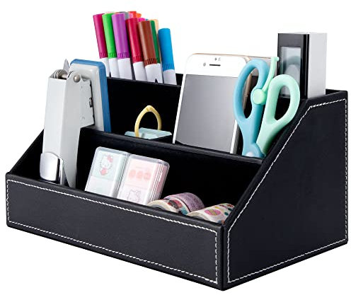 Jesustree Organiseur de Bureau en Cuir avec 5 compartiments Multifonction pour Stylos, Agrafeuses, Stylos, Pinces de Classeur, Notes Adhésives, Fournitures de Bureau (Noir)