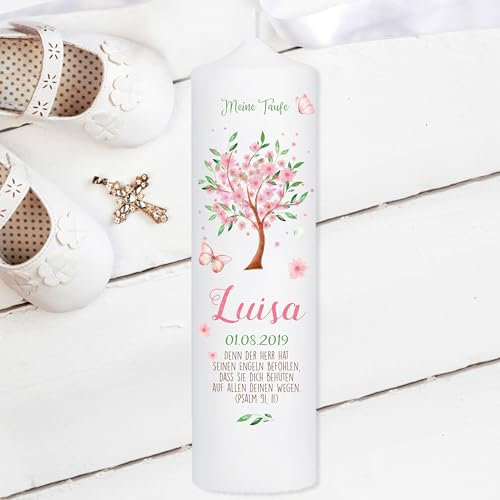 Wandtattoo Loft Taufkerze Mädchen mit Taufspruch, Motiv Baum mit Blüten, 25cm x 8cm, personalisierte Kerze, bedruckte Kerze Taufe, Stumpenkerze zur Taufe, individuelles Taufgeschenk
