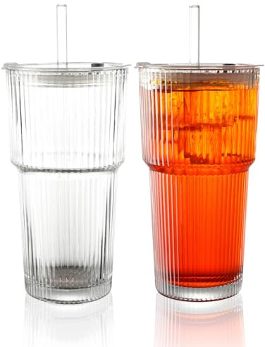 Wythex 2 Stück 600ml Trinkbecher mit Deckel und Strohhalm, Luftdicht Wasserdicht Design Glasbecher Set, Glas Smoothie Becher für Cappuccino, Latte, Tee, EIS, Eistee, Iced Americano, Milch, Saft