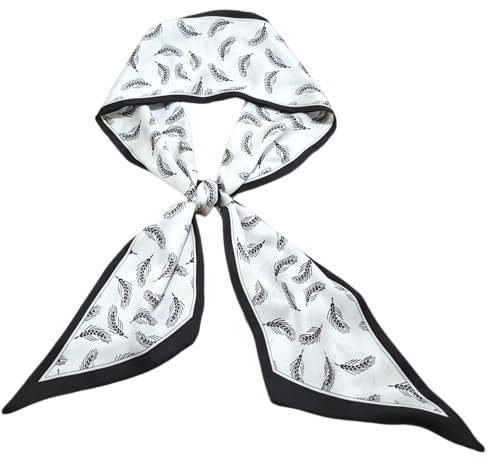 GIMIRO Satin Seidenschal 148 x 13,5 cm Eleganter Damenschal mit Weizenähren-Muster, Schwarz-Weiß, Quadratisch mit Kontrastrand (White - Black Wheat Ear)