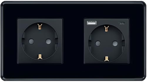 TAWOIA Schuko Steckdose, EU-Standard 2 Fach Steckdosen Mit 20W(MAX 4A) USB Schnelllade Schnittstelle Mit 2,5D Curved Glas Platte, Wandsteckdosen Schwarz 86 * 157mm