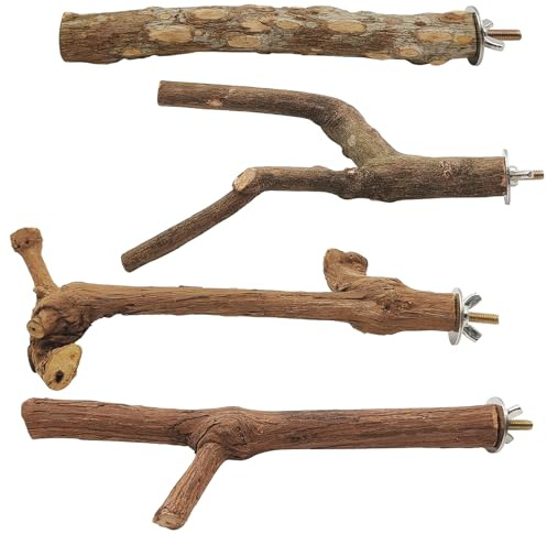 4 Pcs Bird Perches for Cage, Natural Wood Bird Parrot Perch Stand, 2 Grape Wood Perches, A Stand Fork Standing Branch, A Paw Grinding Fork, Budgie Perch for Cage, Birdcage Sticks for Budgies Parakeets