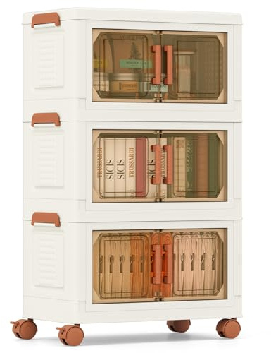 COSTWAY Foldable Shoe Storage Box, 3/4-Tier Stackable Storage Bins with Lid & Lockable Wheels, 210L/280L/156L/208L/57L/76L Collapsible Shoes Cabinet Closet Organizer Containers (3-Tier, 44x25x73cm)