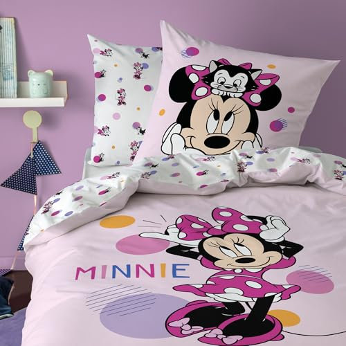 Disney Home Minnie Jolie Parure de lit Enfant | 100% Coton | Oeko-TEX | Housse de Couette 140x200cm + 1 Taie d'oreiller 63x63cm | Imprimé Fille | Rose (Rose, 140x200+63x63cm)