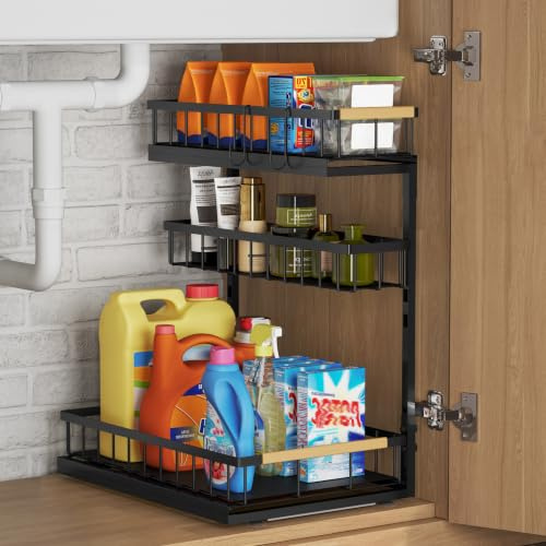 Fantasnight Kitchen Under Sink Storage Organiser Black 3 Tier 1 Pack | Metal Undersink Organisation for Cupboard Pull Out Cabinet Drawers Sliding Cleaning Shelf Organizer Solutions for Bathroom