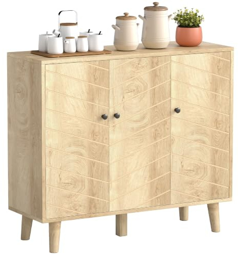 HOMCOM Sideboard Cabinet Modern Vintage with 3 Chevron Doors Natural Wood | Kitchen Storage Cabinet, Pine Wood Legs, Living Room Kitchen Hallway