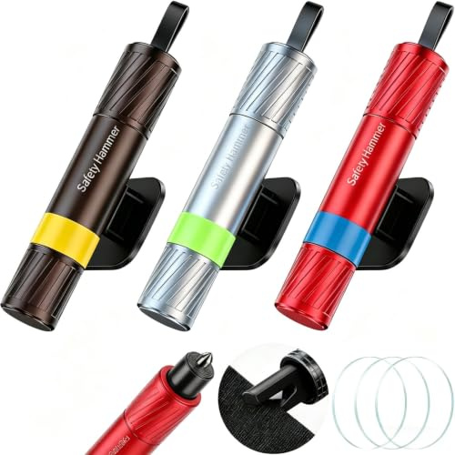WAISHAT 3 Pack Car Safety Hammer Escape Tool, Emergency Car Glass Breaker | Glow-In-Dark Car Emergency Hammer with Tungsten Steel Car Window Breaker, Hidden Cutter, Mount Holders & Test Glass
