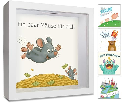 GLÜCKSWOLKE Spardose - Mäuse Motiv I Geldgeschenke Verpackung für Auto, Haus, Geburtstag I 3D Bilderrahmen I Sparbüchse als Kaffeekasse Trinkgeldkasse I Sparschwein für Geld Geschenke Junge & Mädchen