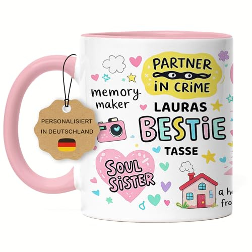 Beste Freundin Tasse personalisiert, Bestie Kaffeetasse mit Name, Geschenk für Beste Freunde zum Geburtstag, BFF Freundschaftsgeschenk Frauen & Mädchen - Tasse Rosa