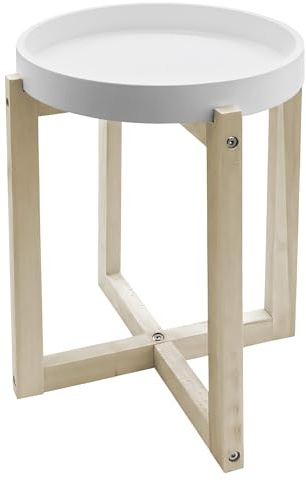 Spetebo Holz Beistelltisch rund 30 cm - weiß | Tischplatte im Tablett Design, Naturbelassenes X-Gestell, Deko Blumentisch, Couchtisch Sofatisch