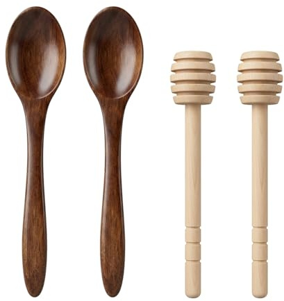 4 Pcs Wooden Honey Dipper Set, Natural Wood Honey Spoon & Honey Drizzler Stick, Reusable Honey Dippers for Jar, Tea, Coffee, Syrup & Kitchen Use
