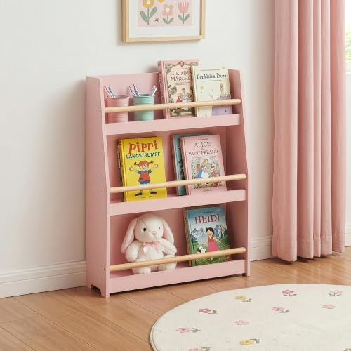 [en.casa] Kinder Bücherregal Virer Kinderregal mit 3 offenen Fächern Aufbewahrung Montessori Standregal 78 x 60 x 18 cm Kinderzimmeregal 3 Ebenen Rosa