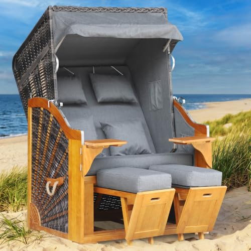 BRAST Strandkorb Bornholm Premium | 123cm Breite | 3 Designs | inkl. Premium-Schutzhaube, Pinien Vollholz, UV-beständig, verstellbare Rückenlehne ausziehbare Fußbänke | Grau