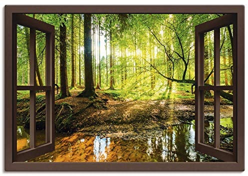 ARTLAND Wanddeko Leinwand Bilder Wandbild 130x90 cm Fensterblick Wald Natur Landschaft Bach Sonne Baum Sonnenstrahlen T6AJ