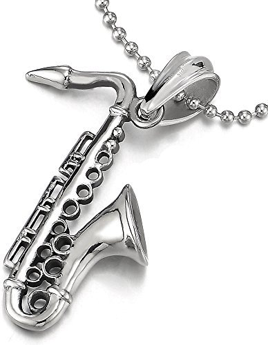 COOLSTEELANDBEYOND Unisex Edelstahl Saxophon Anhänger für Damen für Herren mit 75cm Stahl Kugelkette