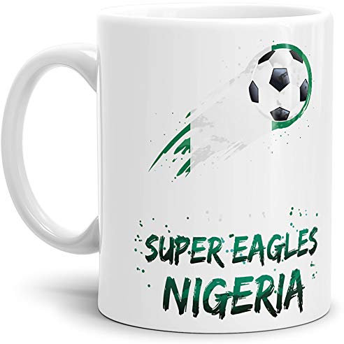 Tassendruck Fussball-Tasse mit Spruch - Super Eagles - Weiss Fahne/Länderfarbe/WM 2018/Nigeria/Weltmeisterschaft/Cup/Tor/Qualität Made in Germany