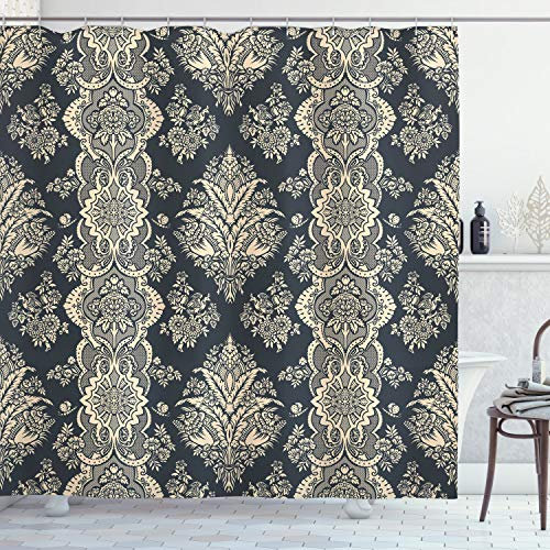 ABAKUHAUS Damast Duschvorhang, Victorian Barock, Stoffliches Gewebe Badezimmerdekorationsset mit Haken, 175 x 200 cm, Koksgraue Creme