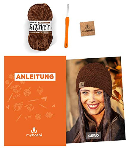 myboshi Häkelset Mütze Gero, inkl. Samt Wolle, Nadel und Anleitung, Häkelpaket, 100% Chenille-Garn Biber - Braun, mit Häkelnadel