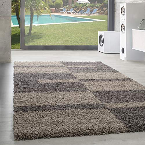SIMPEX Wohnzimmer Teppich Shaggy und Flauschiger Moderne Kariert Design Taupe 280 x 370 cm - Teppich Schlafzimmer Extra Weich Pflegeleicht Waschbarer - Carpet Living Room Rug