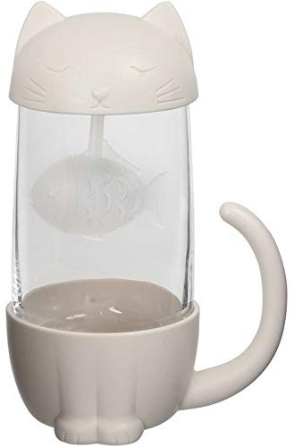 Wahou 39-2K-020 Mug Tasse Chat avec Couvercle et Infuseur Poisson Blanc et Transparent Verre et polypropylène D10,5 x H16 cm