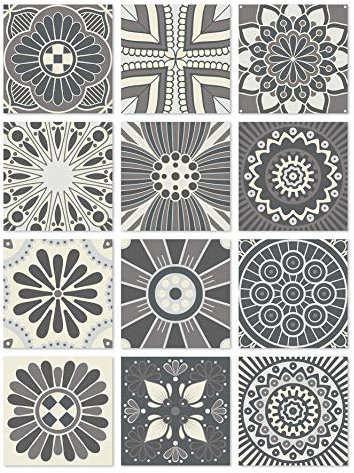 Panorama Azulejos Adhesivos Cocina Baño Pack de 72 Baldosas de 10x10cm Hidráulico Gris - Revestimiento de Paredes - Cenefas Adhesivas
