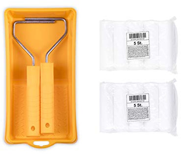 HARDY WORKING TOOLS Set peinture, 2x rouleau de peinture, 2x bacs à peinture et 10x manchons en mousse, Hauteur des poils 7mm, Longueur 11cm, Diamètre 35mm, blanc-jaune, A0180-119000