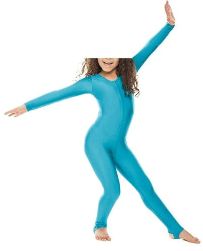 BODYWEAR LTD - Langärmeliger Catsuit aus glänzendem Nylon für Mädchen – Ganzkörperanzug – Gymnastikanzug – Performance-Wear – bequeme Passform – perfekt für Tanz, Ballett, Gymnastik, türkis, 13 Jahre
