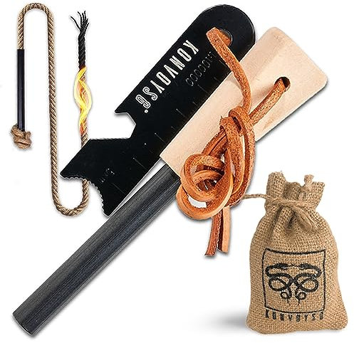 KonvoySG Premium Magnesium Traditional Ferrocium Rod Firesteel - Includes Hemp Cord Tinder Superior Wooden Handle/Grip Leather Lanyard - Essential Fire Starter Camping Survival Kit