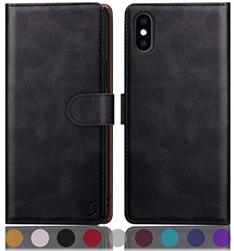 SUANPOT [RFID Schutz für iPhone X/XS 5,8-Zoll hülle PU Leder handyhülle Lederhülle klapphülle Kartenfach Flip Phone Case Cover für iPhone X/XS handyhülle Schwarz
