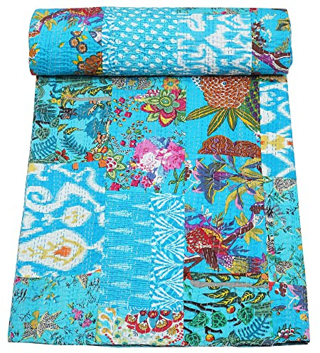 Marubhumi Traditionelle indische Patchwork-Steppdecke aus Reiner Baumwolle, Paisley-Druck, Kantha-Steppdecke, Mehrfarbig (Mehrfarbig-30, Doppelbettgröße (152,4 x 228,6 cm)