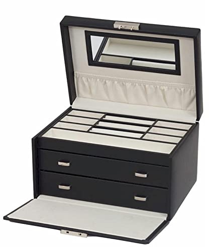 Black Bonded Leather Large Lockable Sharon Jewellery Box with Drawers and Carry Handle