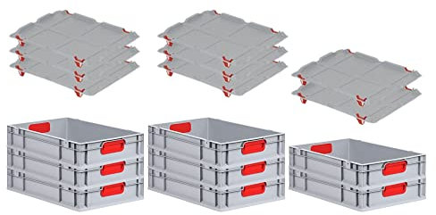 PROREGAL SuperSparSet 8x Eurobox NextGen Color mit Auflagedeckel & Schiebeschnappverschlüsse, HxBxT 12x40x60cm, 23L, Griffe rot geschlossen, Glatter Boden, Eurobehälter Transportbox Transportbehälter