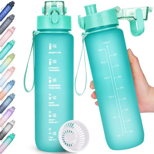 AOHAN Trinkflasche, 1l Wasserflasche BPA-Frei, Trinkflasche Sport Auslaufsicher, Sportflasche mit Zeitmarkierung für Fitness, Büro, Schule, Yoga, Outdoor