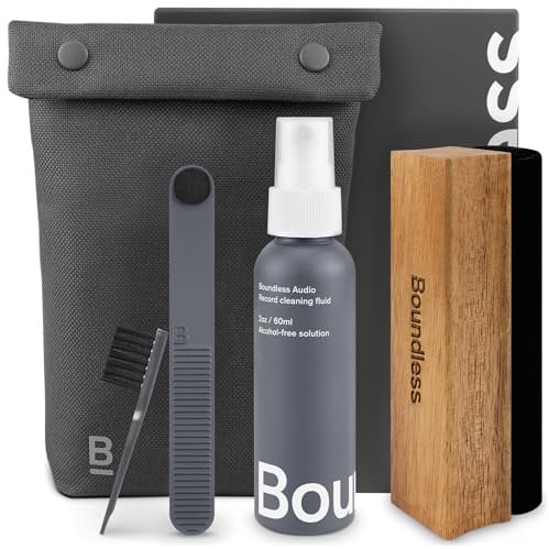 Boundless Audio Schallplatten-Reinigungsset – 5-in-1 Vinyl-Reinigungsset inklusive Samtschallplattenbürste, Stylus-Reiniger, Reinigungslösung, Nylonbürste und Aufbewahrungstasche