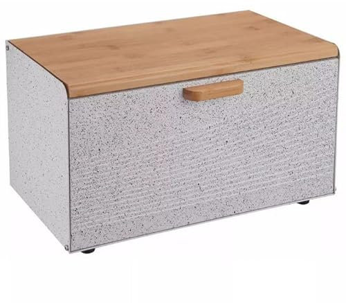 Luckyberg Brotkästen mit Deckel,Brotaufbewahrungsbox, Schneidebrett aus Bambus, Brotkasten aus Metall, Brot und Kekse Lange Aufbewahren und Frisch, 21X35,5x23cm (Weiß Marmor)