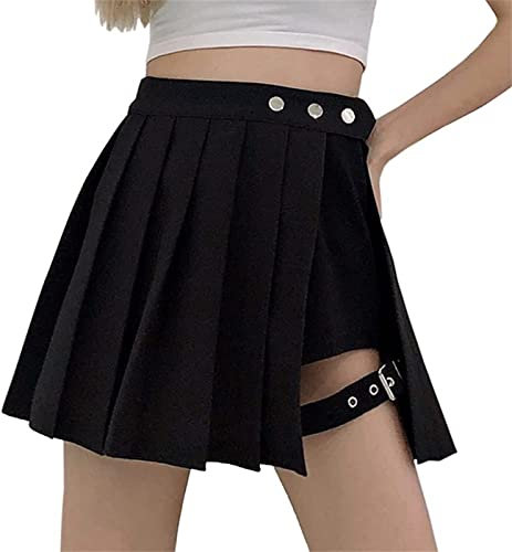 Frauen Gothic Punk Mini-Röcke Y2K Hoch Tailliert Faltenröcke Plaid Hollow Out Strumpfband Schnalle A-Linie Skater Kurzer Rock (M,Schwarz)