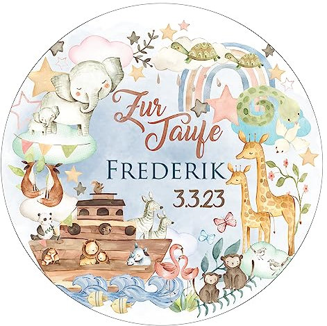 Tortenaufleger Tortenbild Muffinaufleger Taufe Arche Noah personalisiert mit Wunschtext - Fondant | Oblate | Dekorpapier Plus