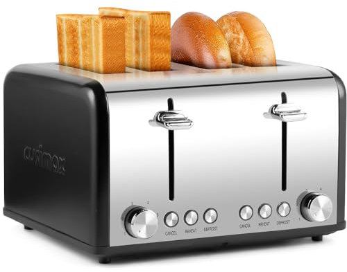 Cusimax Toaster, 4 Slices Toaster, Stainless Steel Toaster with 4 Extra-Wide Bread Slots and 6 Variable Browning Shade Controls, Featuring with Defrost/Reheat/Cancel Settings, Removable Crumb Tray