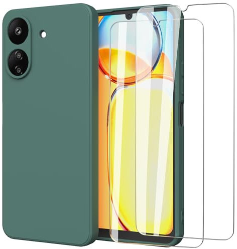 MOONESS kompatibel mit Xiaomi Redmi 13C 6,74 Zoll Hülle,Handyhülle für Xiaomi Redmi 13C 6,74 Zoll mit 2 Stück Schutzfolie,Liquid Silikon TPU Schutzhülle Dünn Backcover - Dunkelgrün