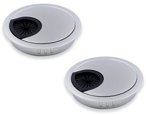 GNALIA Kabeldurchführung Schreibtisch 60 mm Ø – 2 Stück Kabeldurchlass aus Metall matt Chrom mit Staubdichtung - Schreibtisch Kabeldurchführung für Ordnung und Übersicht am Arbeitsplatz