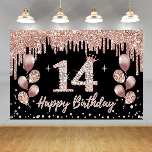 14 Geburtstag Dekorationen für Mädchen - Party Dekoration Schwarz und Roségold, Stoffschild, Hängende Poster, Hintergrund Banner, Willkommensschild