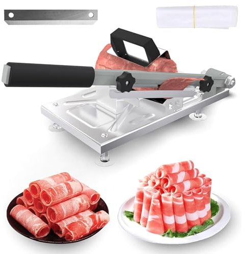 WUDLi Manual Frozen Meat Slicer,stainless Steel Food Slicer,0.8-10mm Adjustable Thickness Stainless Steel Meat Cutter, With Replacement Blade And 10 Meat Freezer Bags, For Lamb Meat And Pork Roll