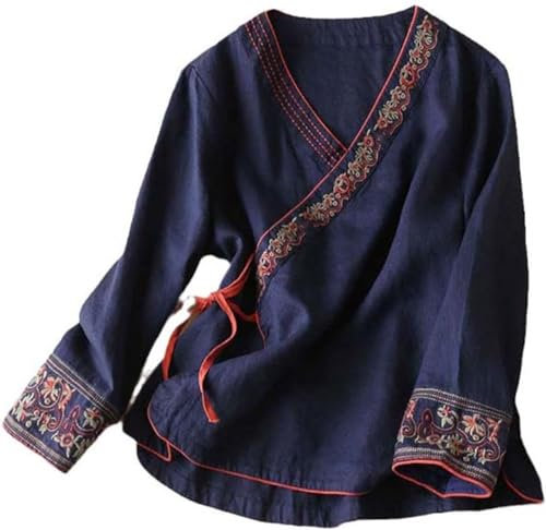 DSAoTeng Chemise traditionnelle chinoise vintage à manches longues pour femme Hanfu Tang Costume brodé Vêtements zen, bleu marine, XL
