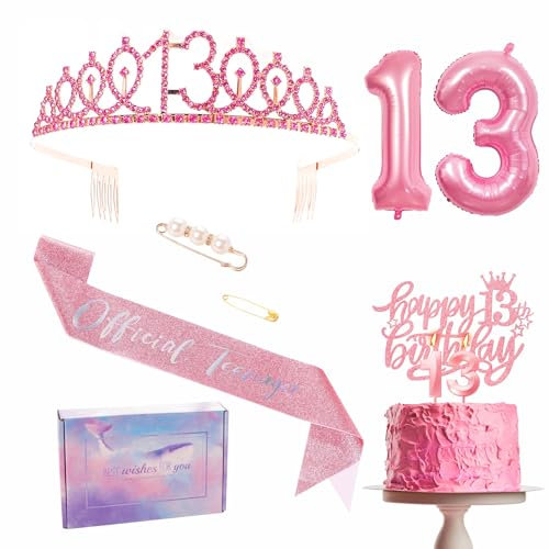 Rosa 13 Geburtstag Dekorationen Mädchen 13 Geburtstag Schärpe Tiara Set Party Schärpe Krone Kuchen Topper Folienballons Kerzen